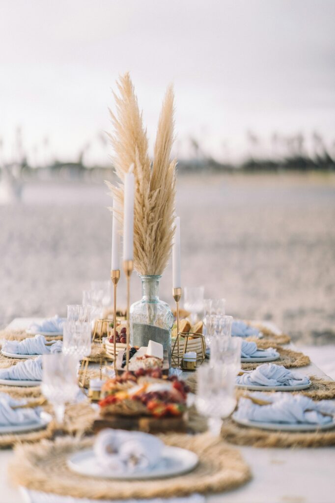 Bohemian style beach themed picnic wedding event